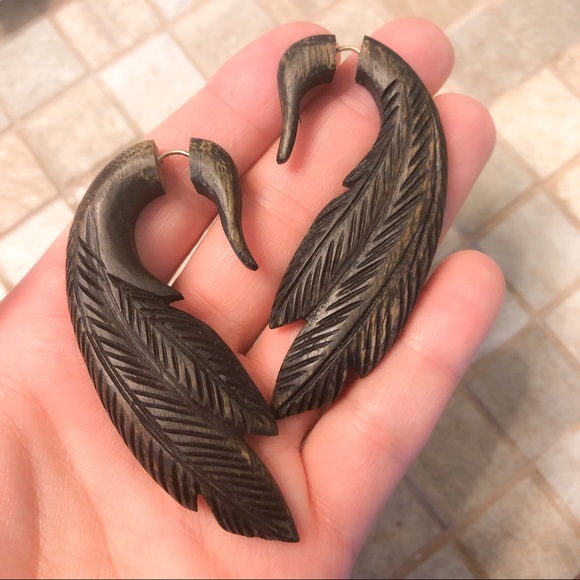Jewelry - Ethnic Wooden Feather Handmade fake gauge Earrings